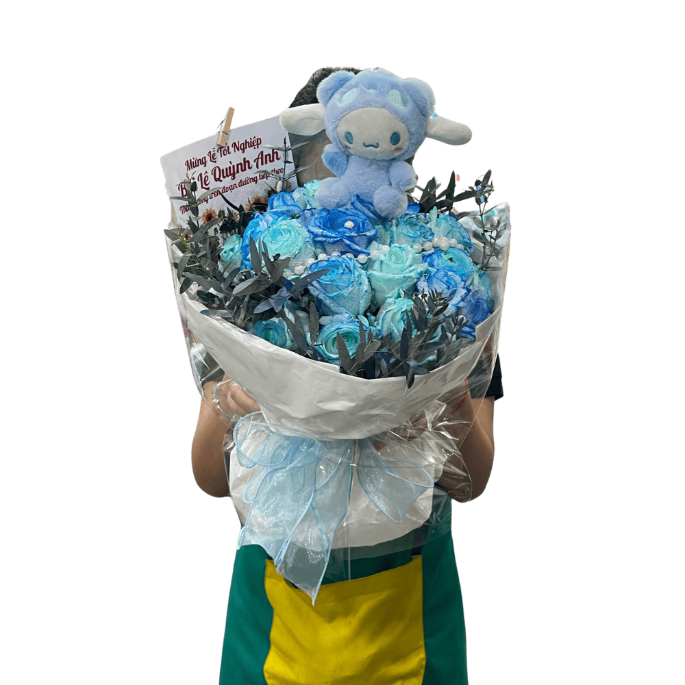 BÓ HOA GẤU BÔNG MIX HOA HỒNG TRẮNG CỒ NHUỘM
