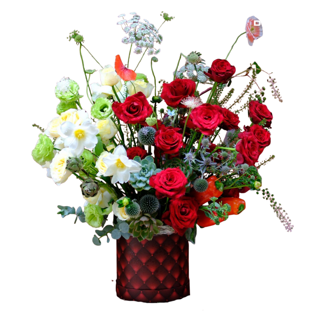GIỎ HOA CHÚC MỪNG THIẾT KẾ TONE ĐỎ TRẮNG MIX TULIP SANG TRỌNG
