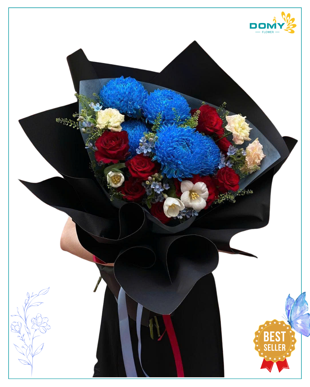 BÓ HOA CÚC MẪU ĐƠN XANH DƯƠNG MIX HOA HỒNG ĐỎ ECUADOR