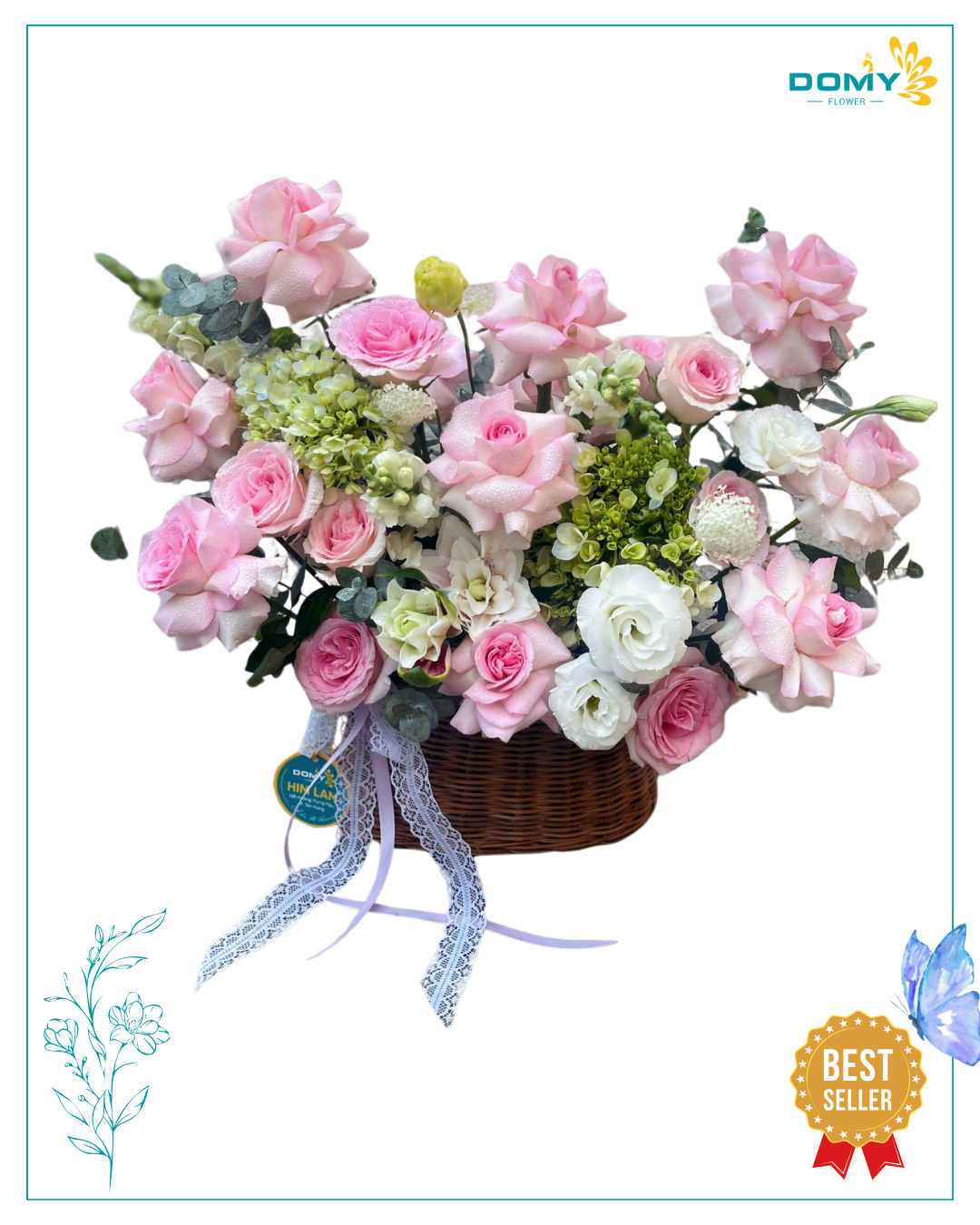 GIỎ HOA HỒNG PASTEL MIX LẠC THẦN VÀ CẨM TÚ CẦU