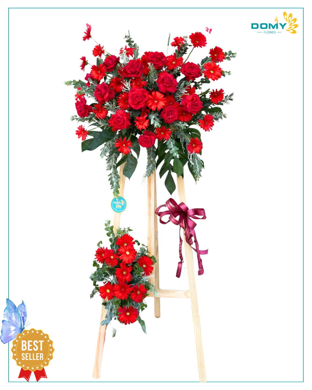KỆ HOA HỒNG ĐỎ ECUADOR MIX CÚC ĐỒNG TIỀN