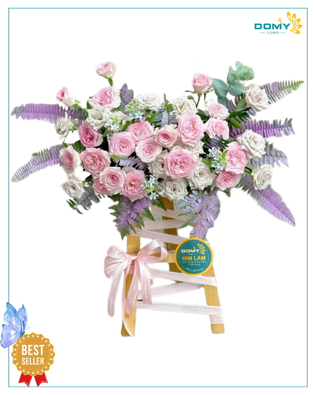 KỆ HOA KHAI TRƯƠNG HOA HỒNG LẠC THẦN MIX TRẮNG CỒ