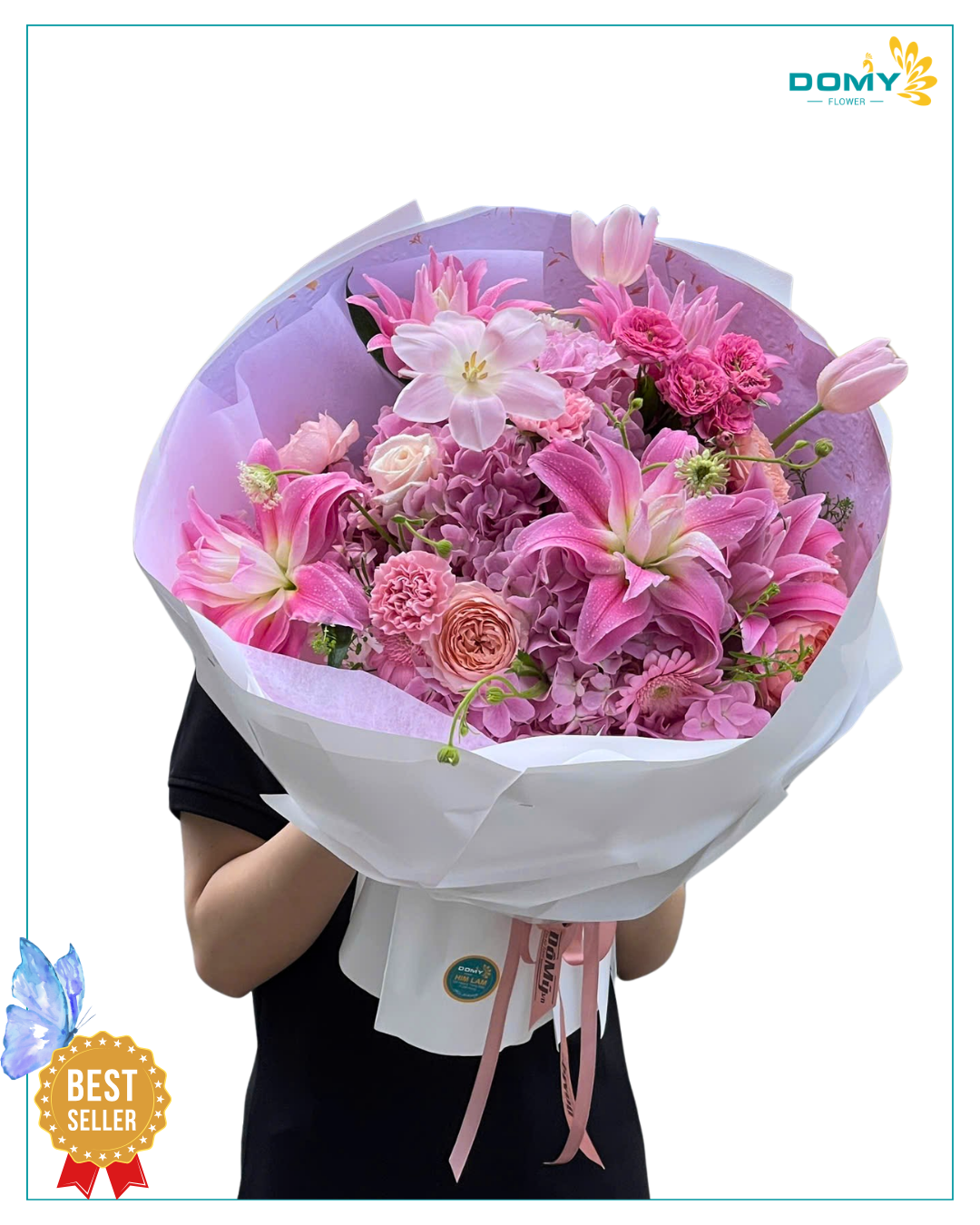 BÓ HOA CẨM TÚ CẦU MIX LY KÉP HỒNG PASTEL