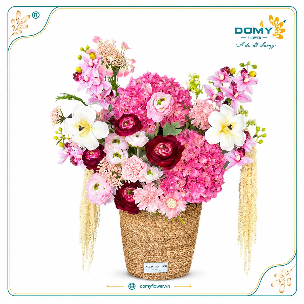 CHẬU HOA LỤA TULIP MIX CẨM TÚ CẦU