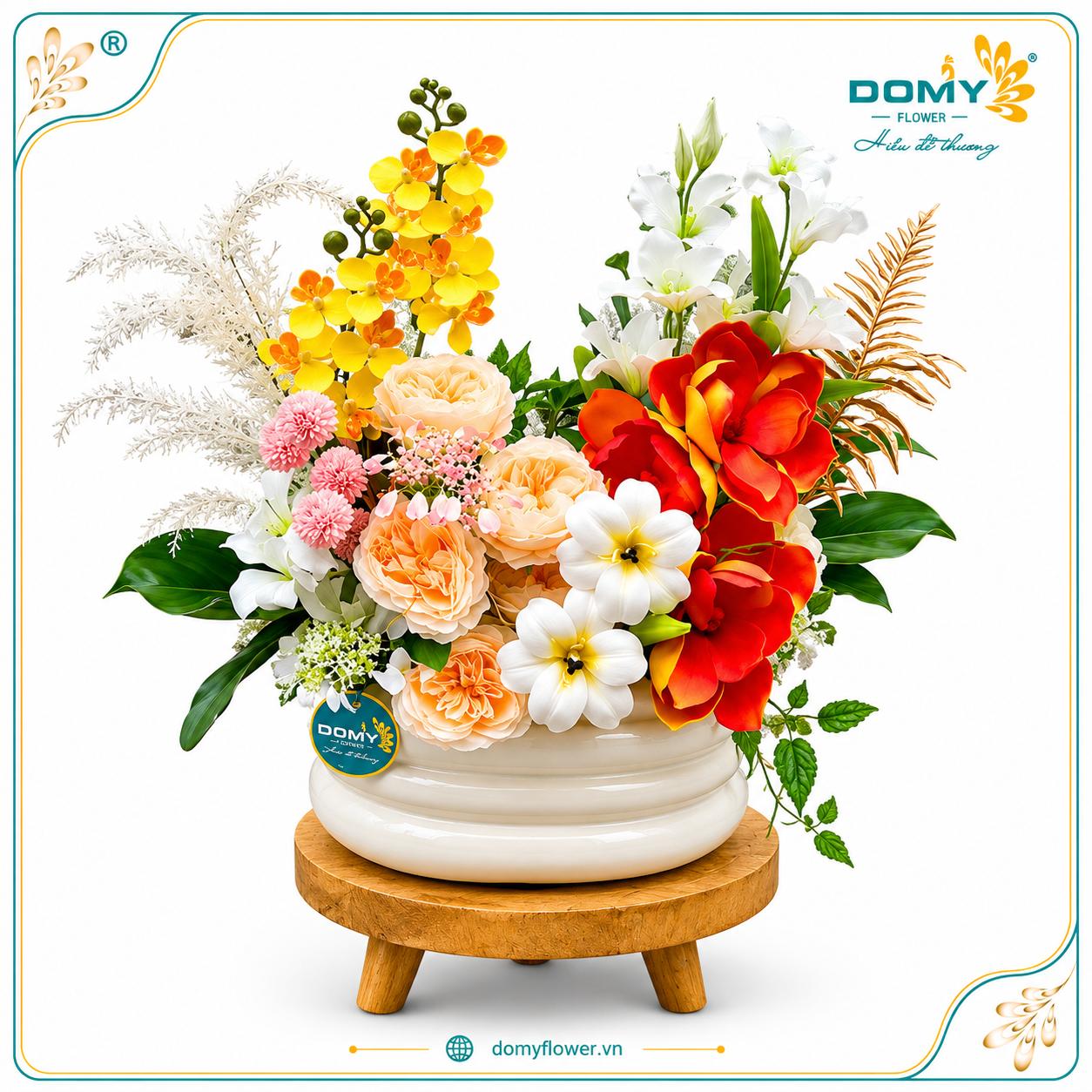 CHẬU HOA LỤA TULIP MIX LILY CẦU SANG TRỌNG