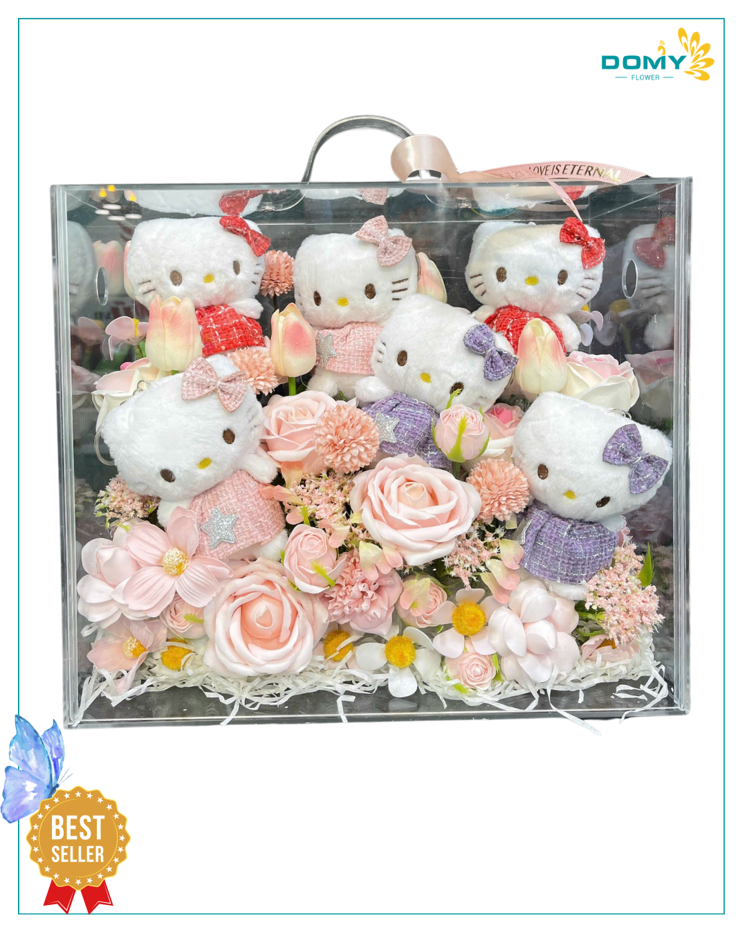 HỘP GẤU BÔNG HELLO KITTY MIX HOA SÁP TONE HỒNG CUTE