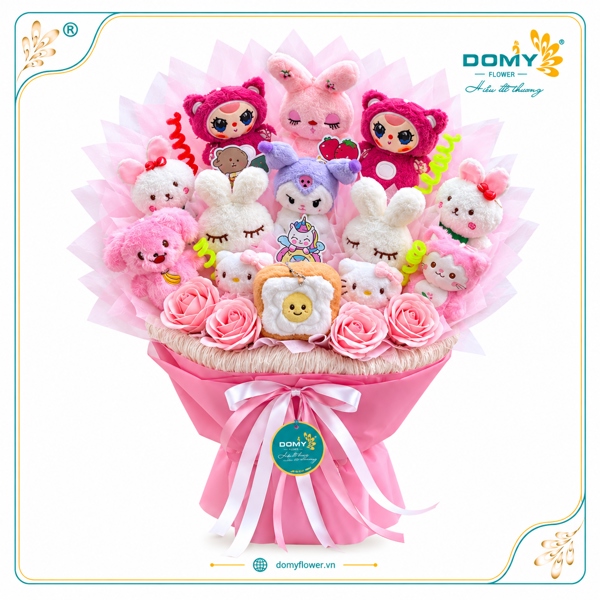 BÓ HOA GẤU TONE HỒNG 13 BÉ MIX HOA SÁP