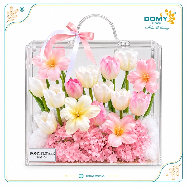 HỘP HOA TULIP LỤA 16 CÀNH MIX CẨM TÚ CẦU