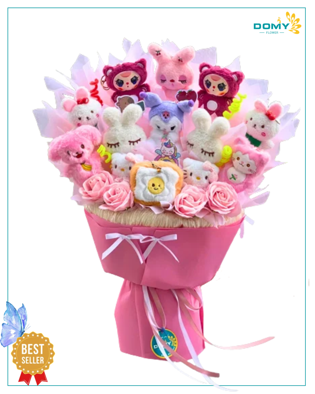 BÓ HOA GẤU TONE HỒNG 13 BÉ MIX HOA SÁP